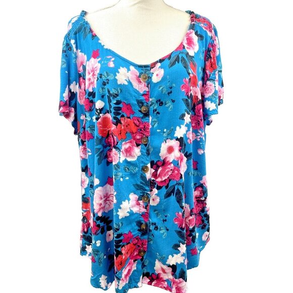 torrid Tops - Torrid Women's Floral Rayon Slub Button-Front Flutter Sleeve Top 2 Plus Size